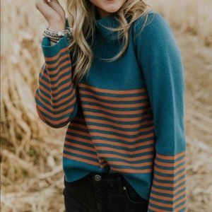 Roolee Denton Orange and Teal Striped Bell Long Sleeve Knit Sweater Size Small